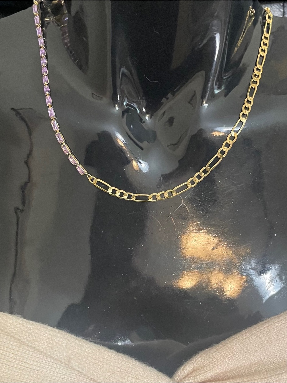 Gold Filled Half Amethyst CZ Tennis Half Figaro Chain Necklace NWOT Unique